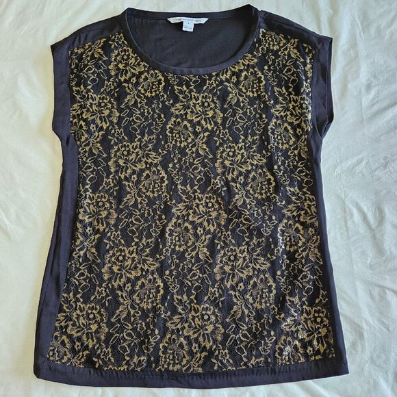Diane Von Furstenberg Top Womens US 6 Black Gold Lace Silk SS Whimsigoth Boho - Picture 6 of 12
